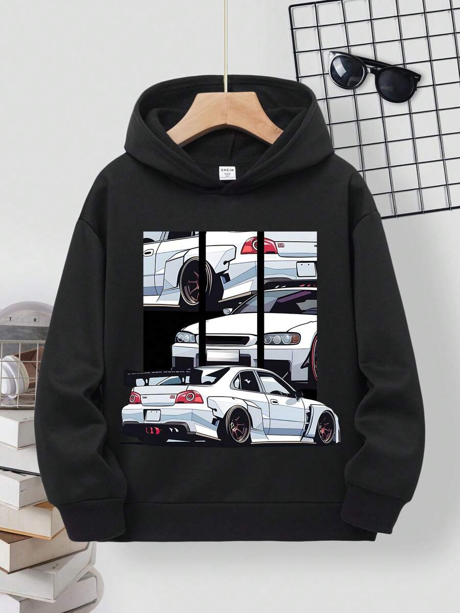 SHEIN Leap Crew 適用於秋冬季的少年休閒卡通圖案長袖連帽衫 - 黑色 - 查看 1