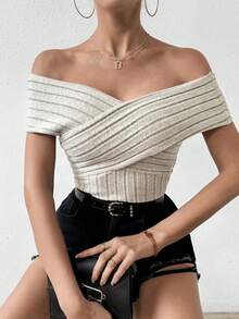 SHEIN Essnce Drop Shoulder Cross Wrap Ribbed Knit T-Shirt - Khaki - View 8