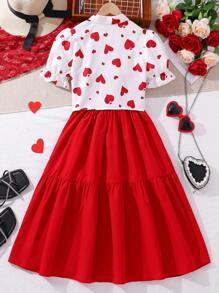 初中女孩心形印花泡泡短袖上衣和肩帶連衣裙套裝 - 紅色 - 查看 2