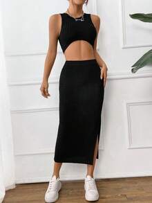 SHEIN Unity Super Cropped Tank Top And High Side Slit Skirt Set - Black - View 5