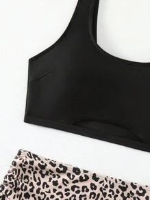 SHEIN Swim Women's Backless Camisole Bra And Leopard Print Drawstring Side-Tie Briefs Bottom Bikini Set Music Festival, For Summer Beach Vacation - Multicolor - View 3