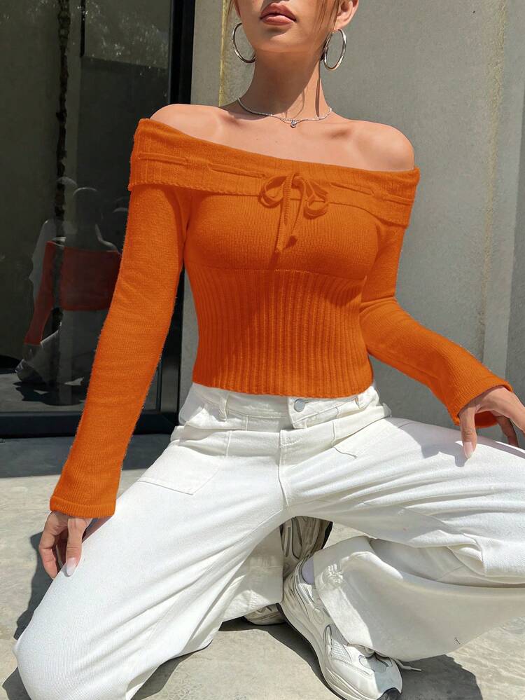 Creative Tie Detail Off-The-Shoulder Sweater, Knit Pullover Fall Winter