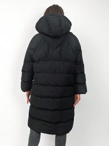 EURMUSE Zip Up Drawstring Hooded Puffer Coat - Black - View 2