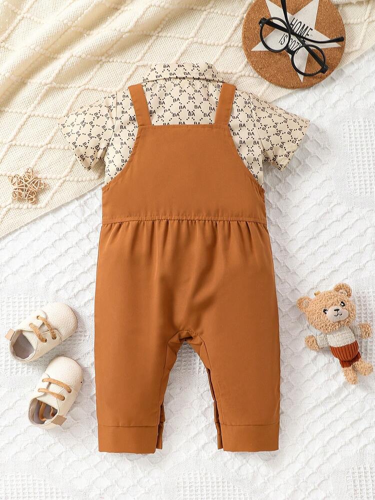 2pcs/Set Baby Boys' Casual Letter Printed Shirt With Suspenders And Jumpsuit Set