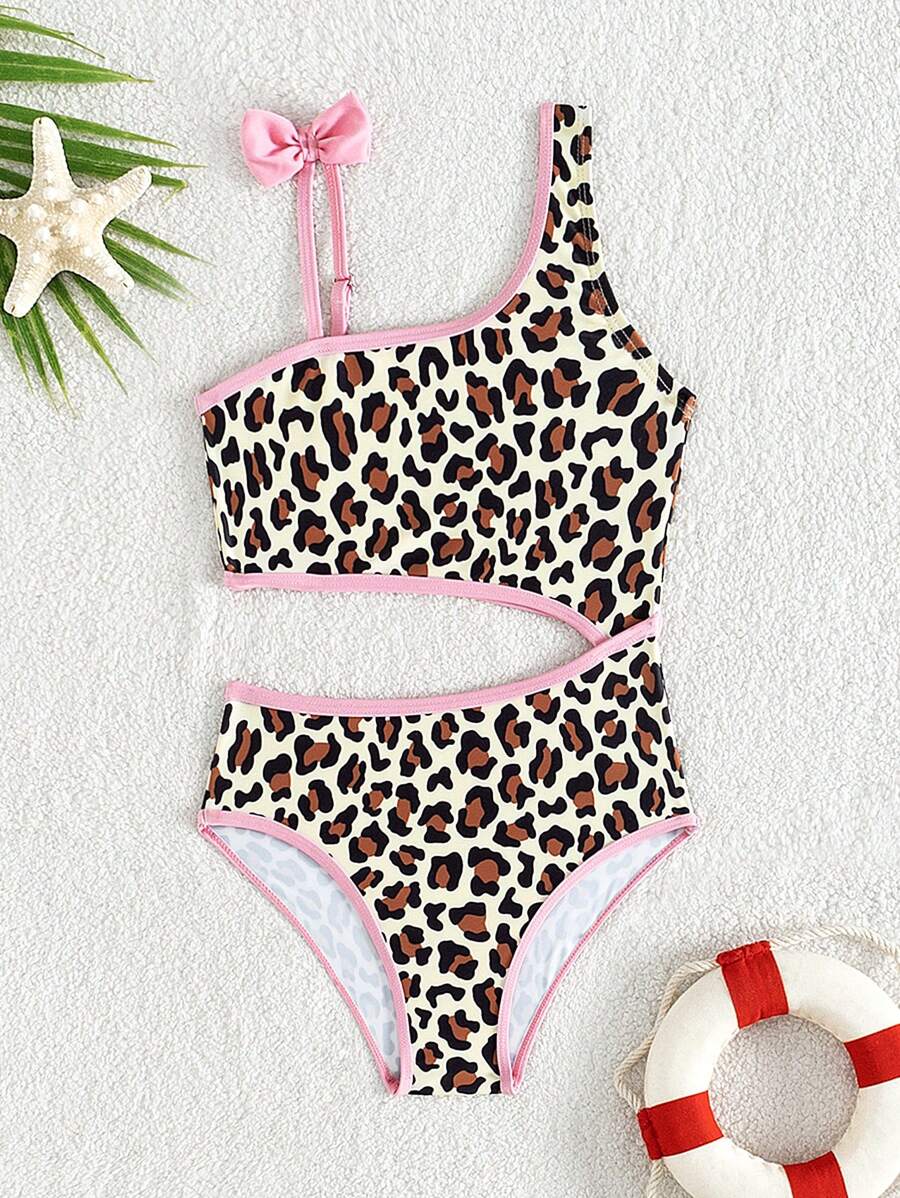 Young Girl One-Piece Swimwear With Leopard Print, Color Block & Contrast Trim Summer Beach - Multicolor - View 1