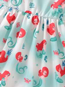 SHEIN 少女休閒度假無袖Cami裙，魚尾紋印花，彈性腰帶，A字形裙裝適用於夏季 - 綠色 - 查看 5