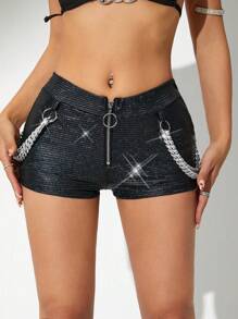 SHEIN ICON Quần bó Quần short Với dây chuyền Đồ trang trí , Eo thấp - màu đen - Xem 5
