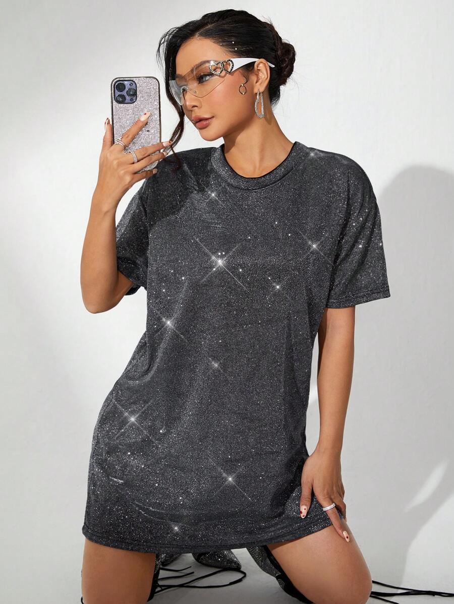SHEIN ICON 適合外出穿著的短袖圓領黑色裙子 - 黑色 - 查看 1