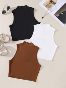 3pcs/Set Teen Girls' Ribbed Knitted Tank Tops - Multicolor - View 2