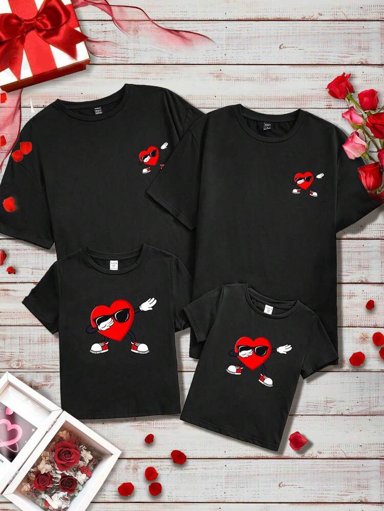 Young Boys' Casual Simple Cartoon Pattern Short Sleeve Round Neck T-Shirt, Perfect For Summer Family Matching - Mommy And Me (4 Pieces Sold Separately)