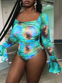 Slaydiva Plus Size Full Printed Flare Sleeve Bodysuit - Green - View 3