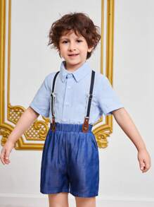 SHEIN 2pcs/Set Young Boys' Fashionable And Casual College Style Shirt Set, Gentleman And