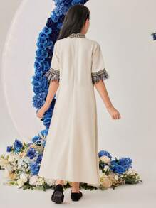 SHEIN Tween Girls' Tassel Sleeve Cuff & Weaving Trim Spliced Dress Modest Dress - White - View 2