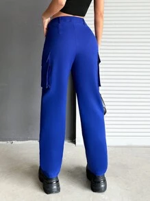 SHEIN Cottnline Women's Straight-Leg Workwear Pants With Double Pockets - Navy Blue - View 2
