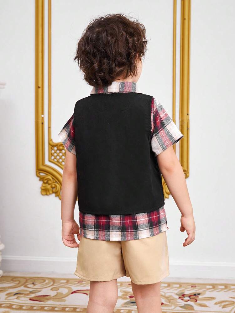 3pcs/Set Toddler Boys' Fashionable Casual Plaid Shirt, Vest And Shorts Outfit