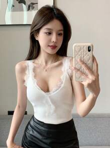 DAZY Solid Color V-Neck Lace Spliced Sleeveless Knitted Top For Women,Fall Clothes - White - View 3