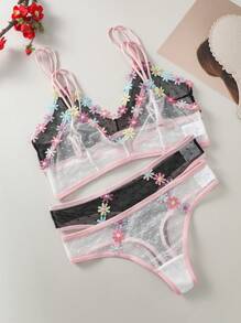Ladies Sexy Mesh Lingerie Set With Floral Embroidery, 4pcs - Multicolor - View 2