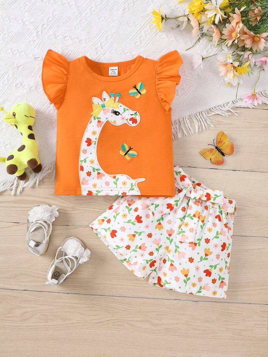 SHEIN Fashionable And Elegant Baby Girls' Cap Sleeve Top With Deer Applique And Flower Print Shorts Set - Orange - View 1