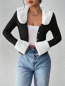 SHEIN Essnce Women's Color Block Splice Top - Black and White - View 5