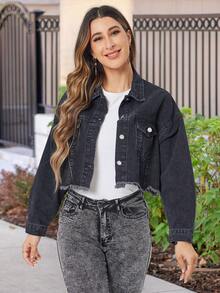 SHEIN LUNE 女款單排釦丹寧外套,帶有前袋 - 黑色 - 查看 3