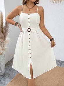 SHEIN Clasi Kích thước lớn Nút phía trước Thắt lưng Váy Dây - trắng - Xem 6