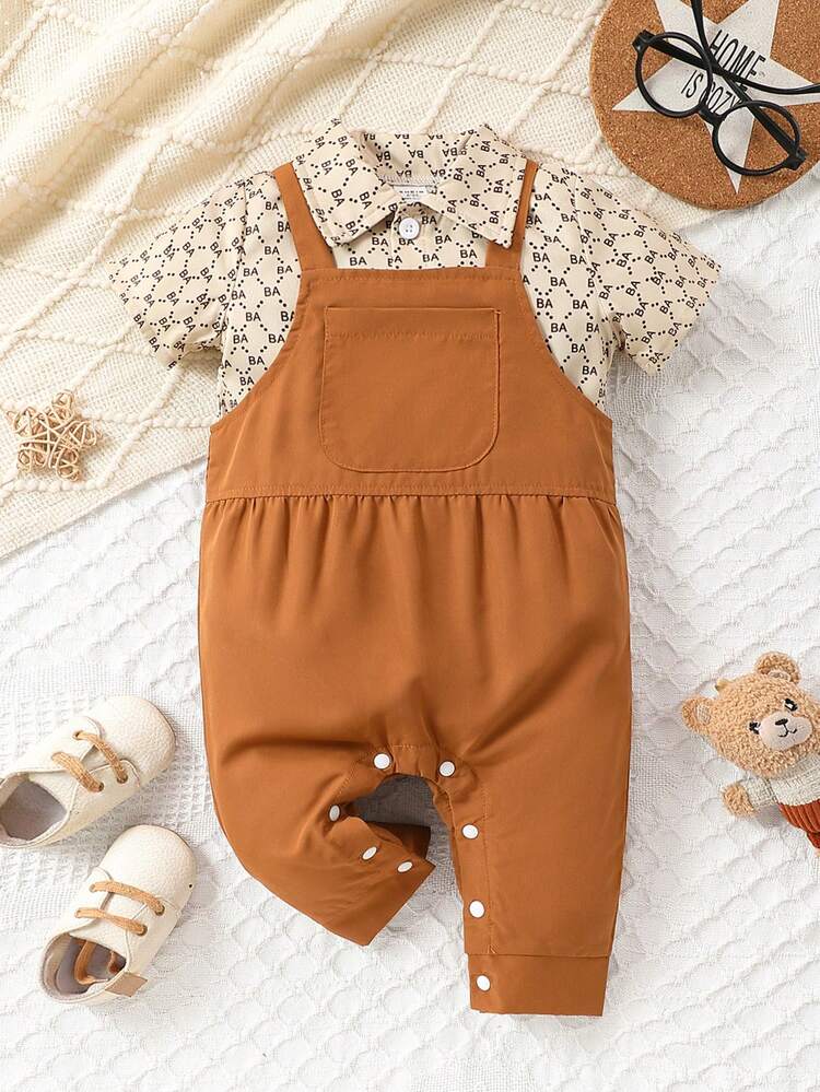 2pcs/Set Baby Boys' Casual Letter Printed Shirt With Suspenders And Jumpsuit Set