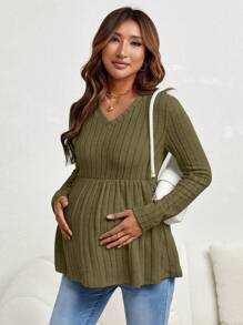 SHEIN Maternity Ribbed Knit Peplum Tee With Long Sleeve - Army Green - View 4