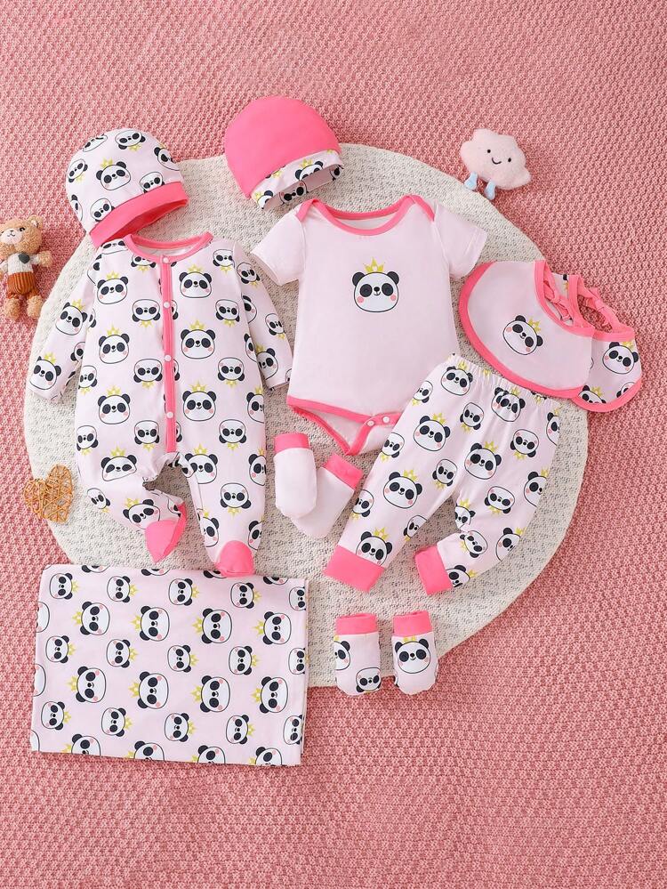 Baby Girl 10pcs Bear Ear Printed Jumpsuit, Long Pants, Hat, Bib, Blanket Gift Set