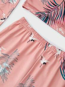 青少年女孩珊瑚粉色树叶印花裤、长袖衬衫、短裤、吊带背心 4 件套家居服度假旅行休闲夏装 - 珊瑚粉 - 查看 4