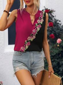 SHEIN VCAY Thêu Hoa Đính đá Cổ áo có khía Áo không tay - Nhiều màu - Xem 4