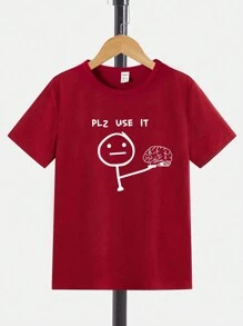 SHEIN 1 Miếng Vui In Cơ bản Vòng cổ Ngắn tay Áo thun Đối với Bé trai tuổi teen - Màu Đỏ Sâu - Xem 1