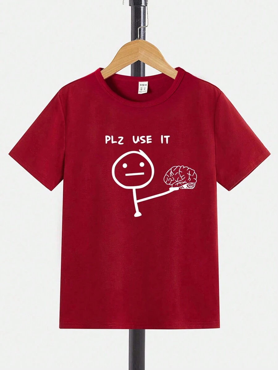 SHEIN 1 Miếng Vui In Cơ bản Vòng cổ Ngắn tay Áo thun Đối với Bé trai tuổi teen - Màu Đỏ Sâu - Xem 1