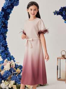 SHEIN Tween Girls' Ombre Belted Short Sleeve Dress - Multicolor - View 4