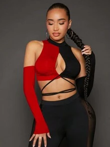 SHEIN SXY 女士黑色和紅色對比色空心短上衣,附袖子束帶 - 紅色和黑色 - 查看 2