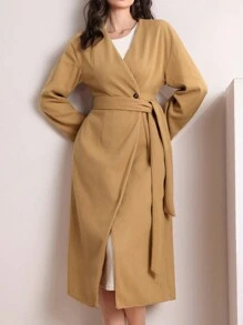 Mulvari Của phụ nữ Len áo Không có Vòng cổ Với thắt lưng - Màu Khaki - Xem 3