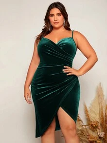 SHEIN Clasi Plus Size Women's Side Slit Cami Dress - Dark Green - View 4