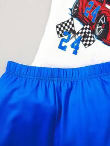 SHEIN 3pcs/Set Tween Boy Snug Fit Car & Letter Printed Crewneck Short Sleeve T-Shirt, Solid Color Shorts And Home Clothes Set - Multicolor - View 4