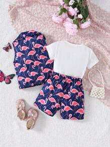Conjunto De 3 Piezas Para Niña Bebé Que Incluye Camiseta Casual, Chaleco Con Diseño De Flamencos E Shorts
