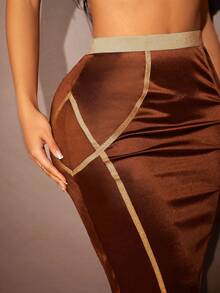SHEIN SXY Váy Bodycon băng tương phản của phụ nữ - Cà phê nâu - Xem 5