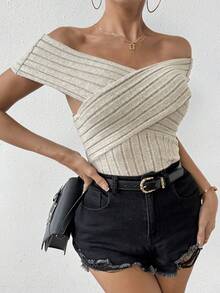 SHEIN Essnce Drop Shoulder Cross Wrap Ribbed Knit T-Shirt - Khaki - View 5