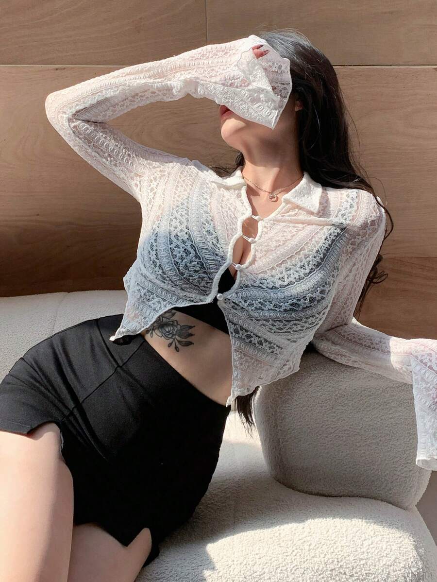 DAZY Áo ren dài tay mỏng nhẹ cho nữ, Trang phục đi biển, Quần áo mùa thu - trắng - Xem 1