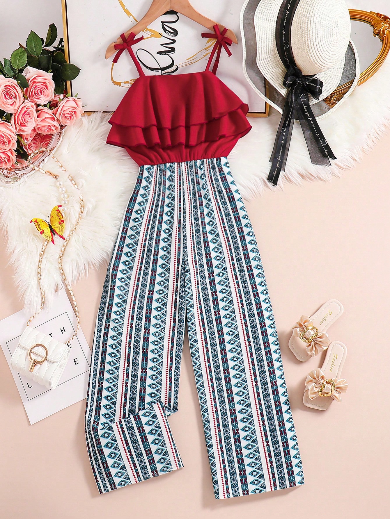 SHEIN Kids HYPEME Tween Flicka Dubbla lager Linne Jumpsuit Med