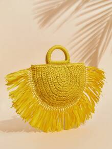 SHEIN VCAY Bolso de mano tejido simple y cotidiano de unicolor para mujer - Amarillo - Ver 3