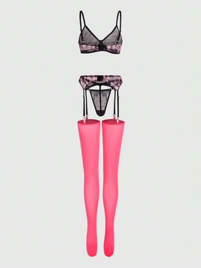Ensemble De Lingerie Sexy Avec Dessus En Maille Imprimée Léopard, G-string Imprimé Coloré Et Bas Transparents