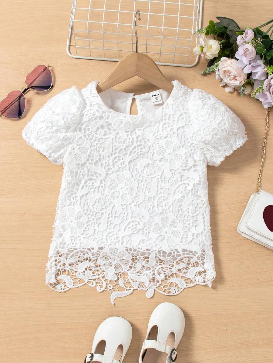 SHEIN Young Girl Puff Short Sleeve Lace Blouse - White - View 1