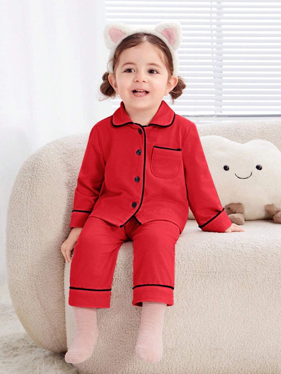 SHEIN 嬰兒女寶寶休閒拼色翻領襯衫和長褲家居套裝 - 紅色 - 查看 1