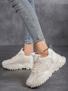 女性運動款前筒厚底運動鞋,日常女鞋時尚厚底拼色繫帶女墊鞋,女式輕量透氣戶外運動鞋網球鞋 - 米色 - 查看 2