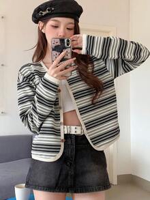 DAZY Ladies' Color Block Striped Front Button Tee - Black and White - View 2