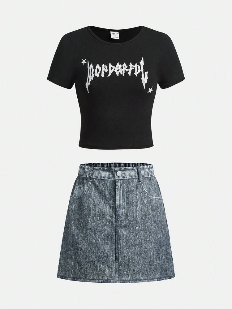 Teen Girls' Letter Printed T-Shirt And Denim Effect Skirt Set