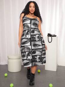 SHEIN CURVE+ Kích thước lớn Mắt in Váy Dây - Đen và trắng - Xem 6